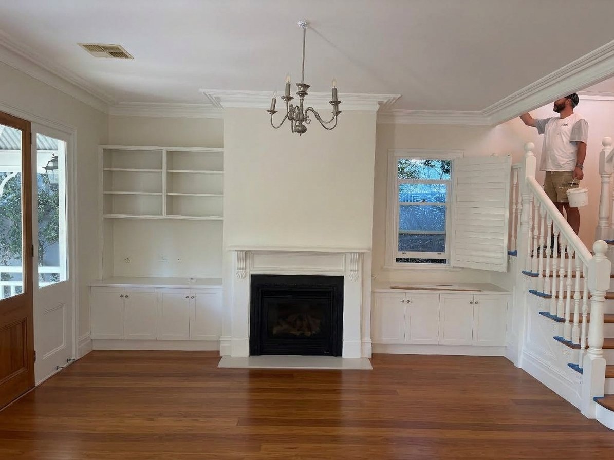 Repainted living room with a white fireplace and staircase