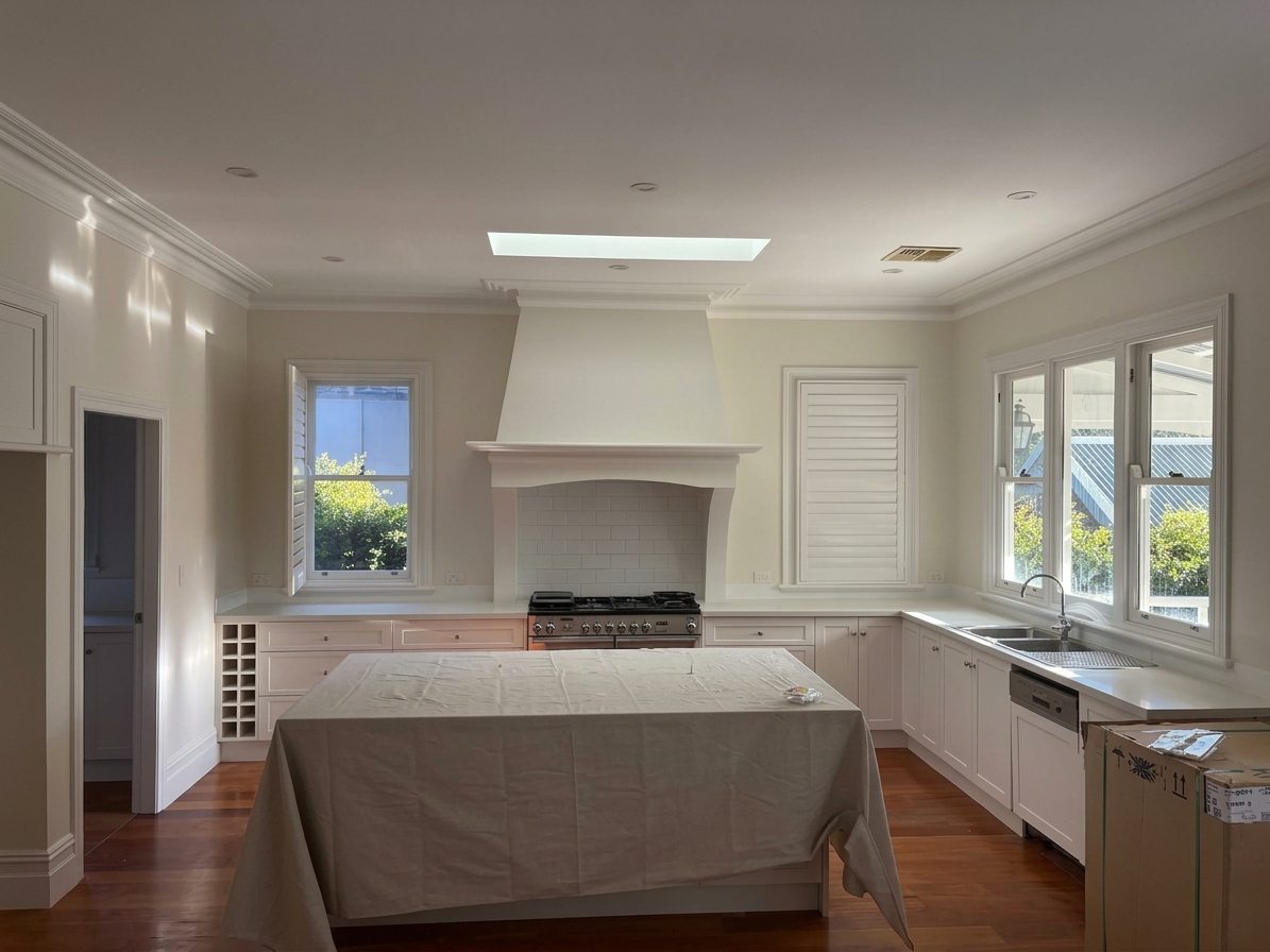Freshly painted open-plan kitchen and dining area