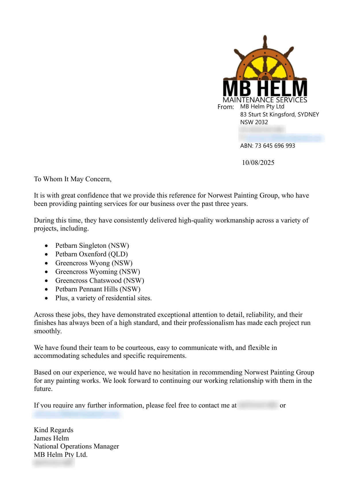 Reference letter from MB Helm Maintenance Services recommending Norwest Painting Group