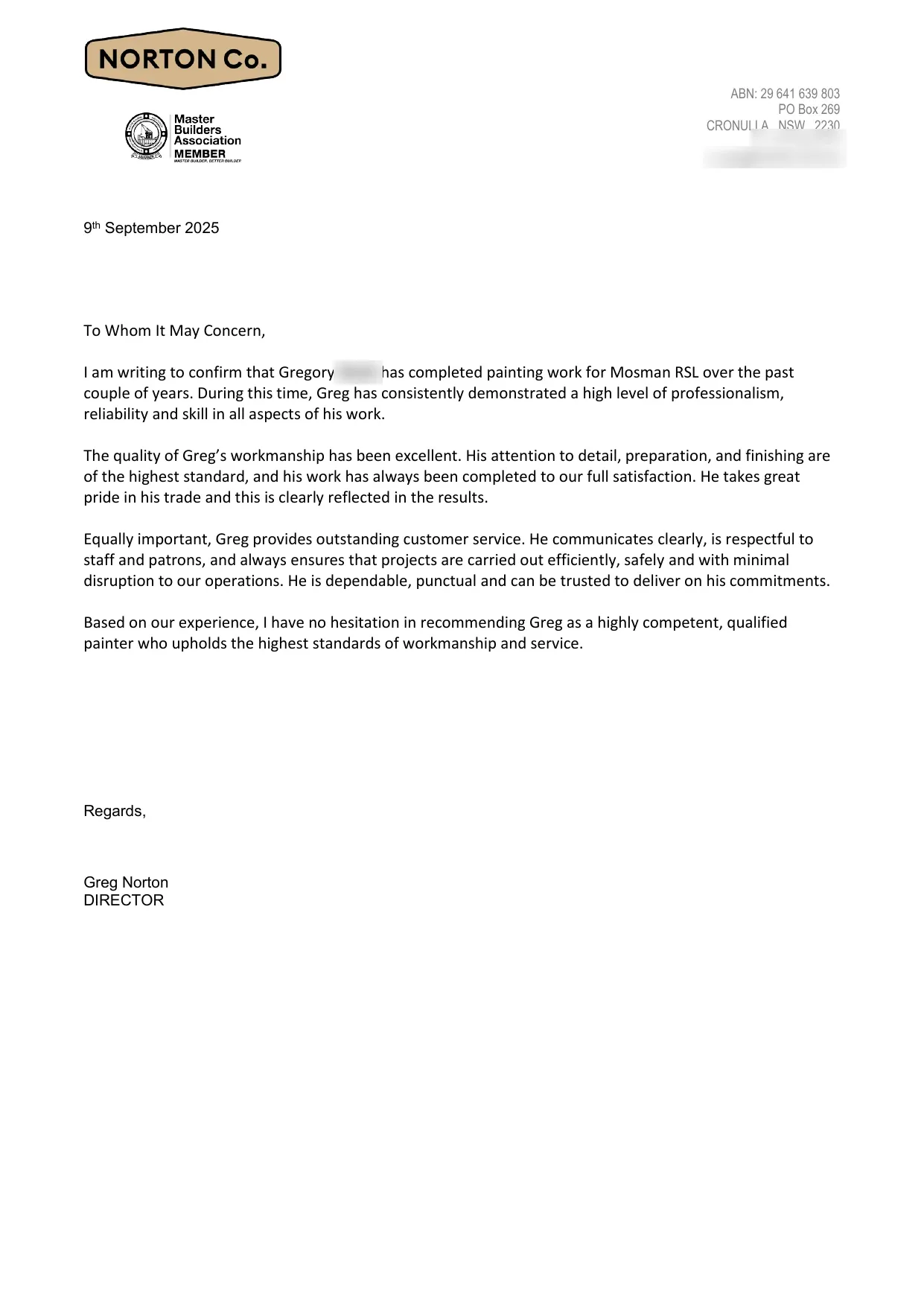 Reference letter from Norton Co recommending Norwest Painting Group's owner